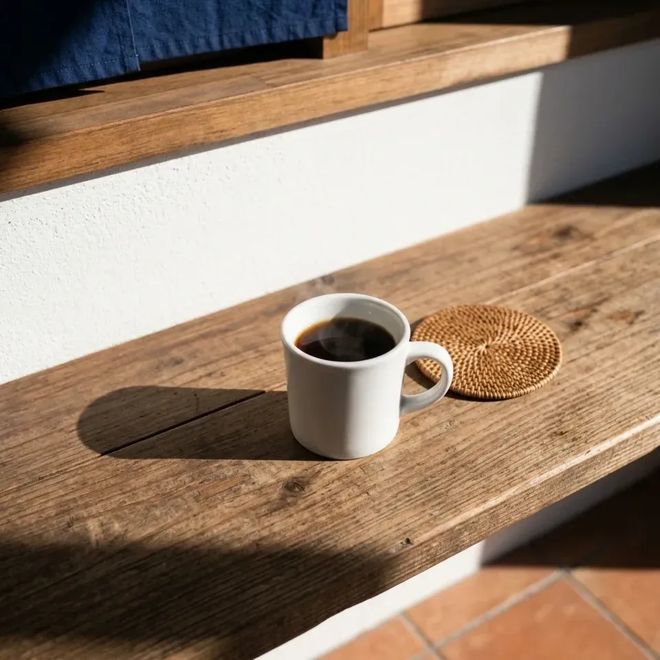 窓際の木のカウンターに置いた、白いマグのドリップコーヒー(AI で生成したイメージ)