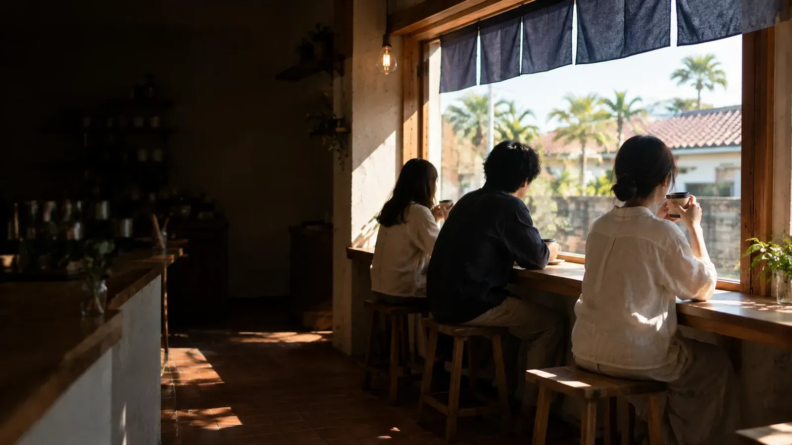 窓際のカウンター席で、3人のお客さんがコーヒーを飲みながら外を眺めている店内(AI で生成したイメージ)